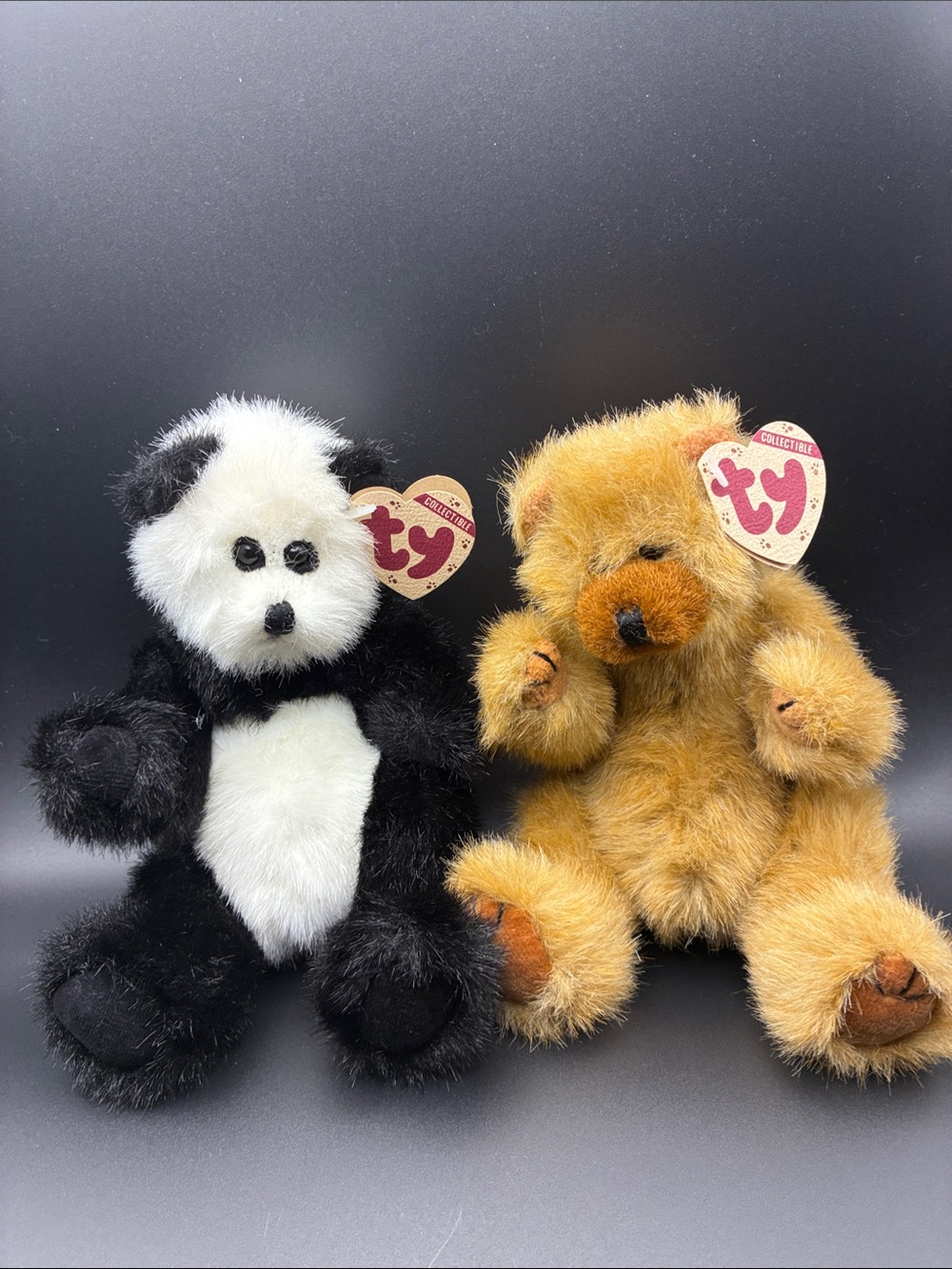 Ty Beanie Collection Plush Bear Set - Black & White Panda and Golden Brown Bear